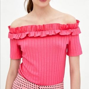Zara Trafaluc Off The Shoulder Ruffle Ribbed Tee